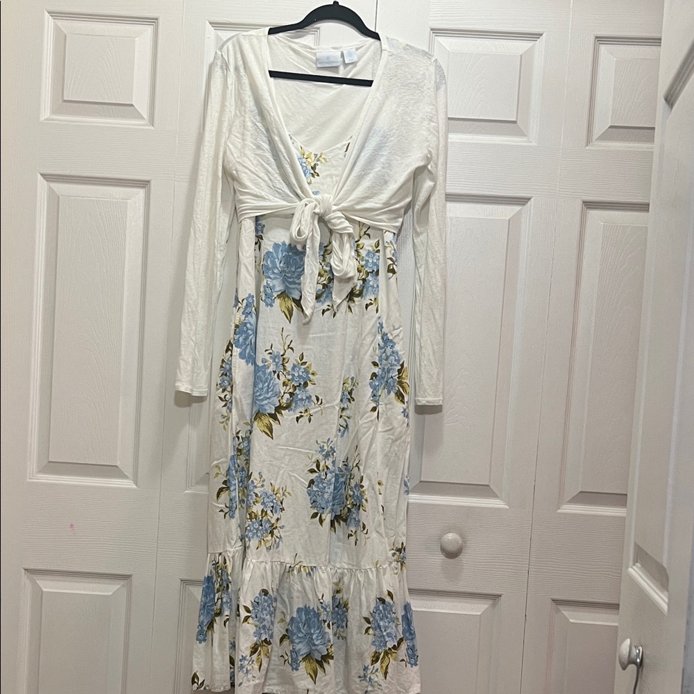 Cynthia Rowley White and Blue Floral Long Sleeve Dress